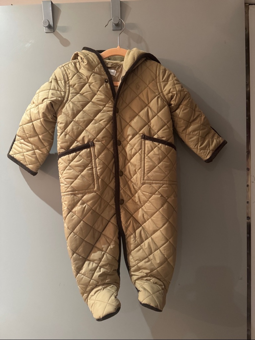 Ralph Lauren Beige Quilted Infant Snowsuit with Brown Trim